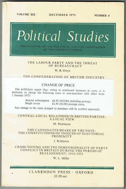 Political Studies: The Journal Of The Political Studies Association Of The United Kingdon. Volume XIX, Number 4, December 1971