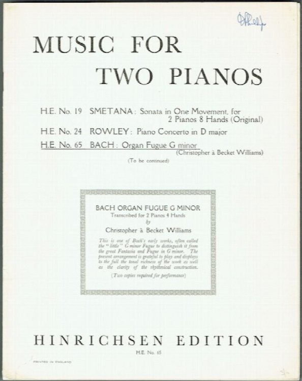 Bach Organ Fugue In G Minor: Transcribed For 2 Pianos, 4 Hands By Christopher a Becket Williams
