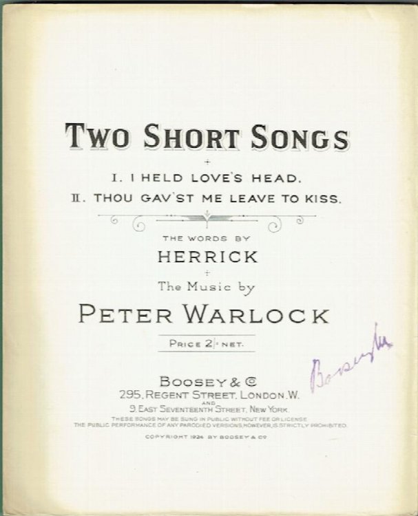Two Short Songs: I Held Loves Head, Thou Gavst Me Leave To Kiss