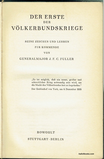 Der Erste Der Volkerbundskriege: Seine Zeichen Und Lehren Fur Kommende Von Generalmajor J. F. C. Fuller