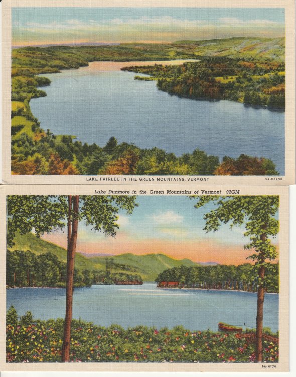 Lake Fairlee & Lake Dunmore Green Mountains VT circa 1925 x2 Linen Postcards