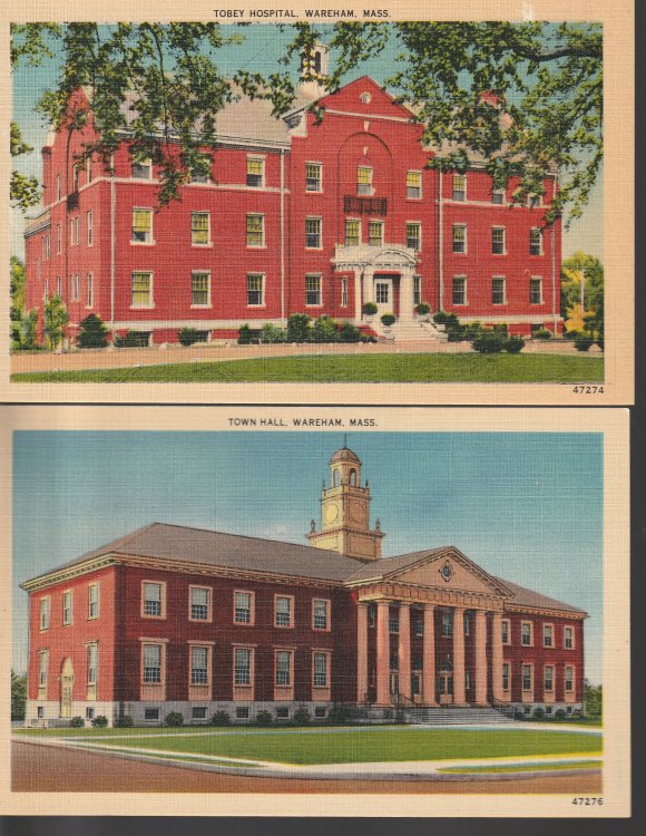 Wareham, MA Town Hall and Tobey Hospital circa 1935 x2 Linen Postcards