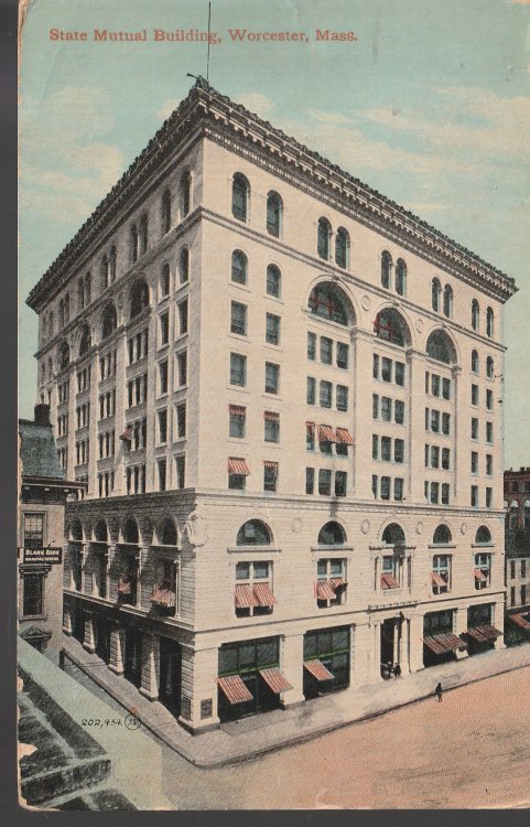 Worcester MA State Mutual Building 1915 Red Striped Awnings 1 Washington Postcard