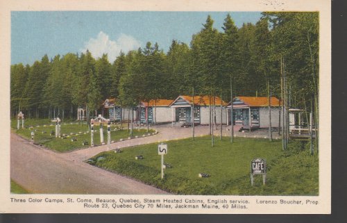 St. Come Beauce, Quebec Three Color Camps circa 1925 Route 23 Cabins Carte Postale