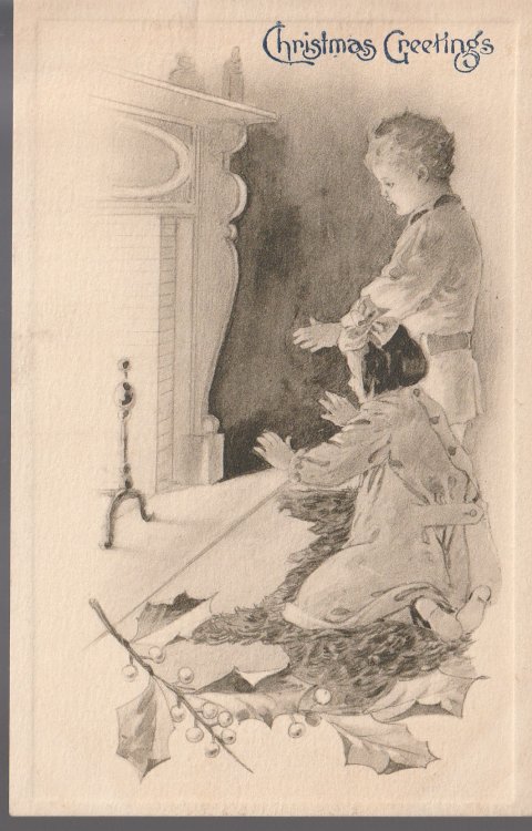 Christmas Greetings Sketch 1909 Children at Fireplace, Vintage Postcard