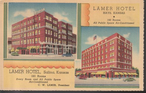 Lamer Hotels Salina & Hays KS 1941 Defense Stamp 1 Liberty Industry Agriculture; Linen Postcard