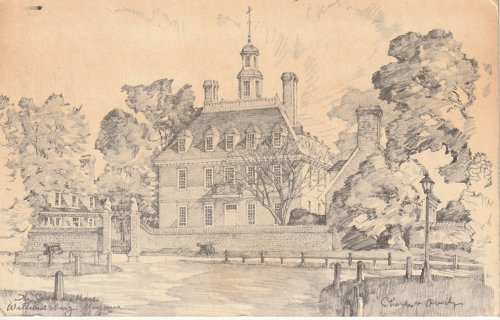 Charles Overly Sketch, Governor's Palace, Williamsburg VA 1976 Postcard