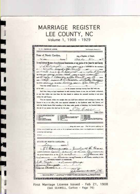 Marriage Register Lee County, N.C. Volume I, 1908-1929