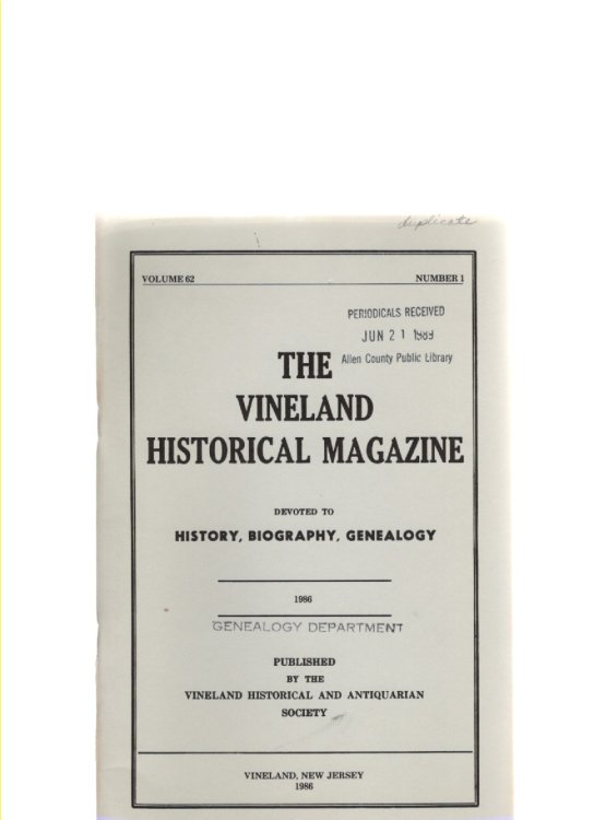 The Vineland Historical Magazine Volume 62 No. 1 1986