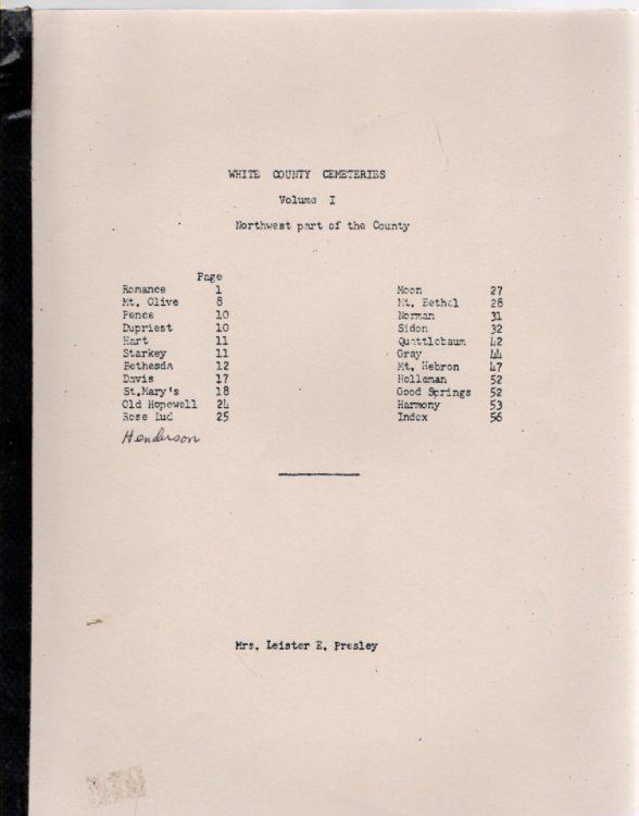 White County Cemeteries Volume I Northwest part of the County