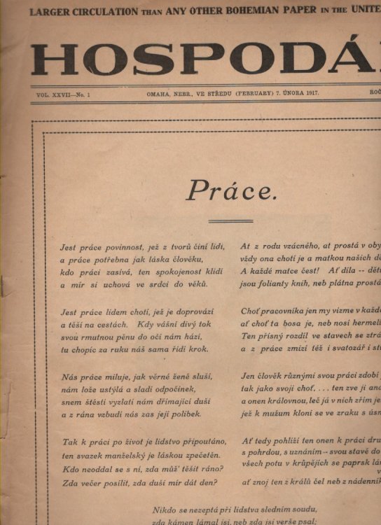 Hospodar Larger Circulation Than Any Other Bohemian Paper in the United States Vol. XXVII No. 1 February 1917