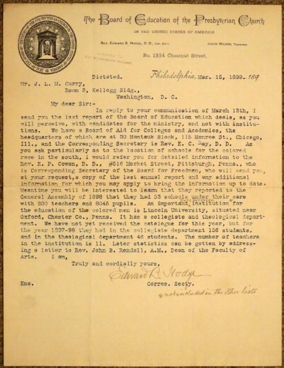 Typed, signed letter on the letterhead of The Board of Education of the Presbyterian Church in the U.S.