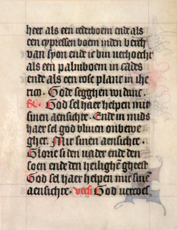 A leaf from a medieval manuscript, Book of Hours, Use of Flanders, circa 1400, in Dutch.