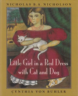 Little Girl in a Red Dress with Cat and Dog