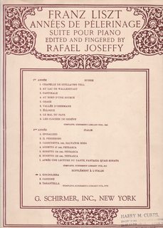 Annees De Pelerinage Suite Pour Piano: Gondoliera (Supplement a LItalie) Complete Schirmers Library-Vol. 917