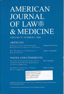 American Journal of Law & Medicine Vol 32 No. 1 2006: International Law, Telemedicine, & Health Insurance- China as a Case Study