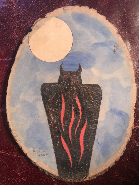 Horned Owl Shadow Figure Possible Utah Pictograph Figure Hand Painted On 8 x 6 inch Circular Pine Wood Signed 'Dionne 2003' Iroquois Museum