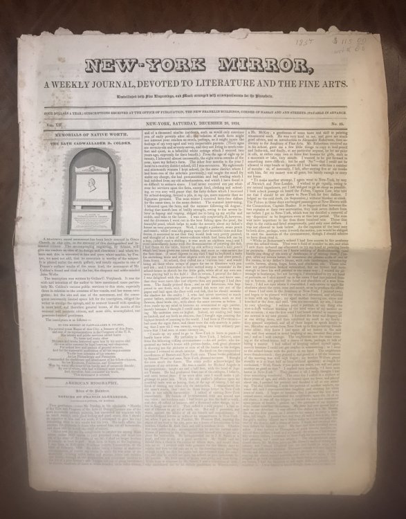 New-York Mirror A Weekly Journal Devoted to Literature and the Fine Arts Vol. XII Saturday, December 20, 1834 No. 25 
