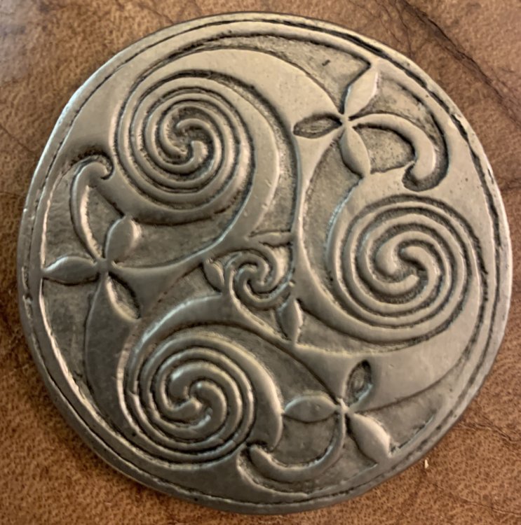 Steel Celtic Triple Goddess Triskell Hand Cast Wearable With Pin Signed and Dated C.1998 NYC With Original Box