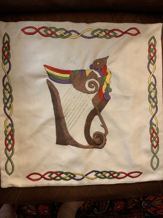 Celtic Harp Hand Embroidered Pillowcase 20 inch by 20 inch