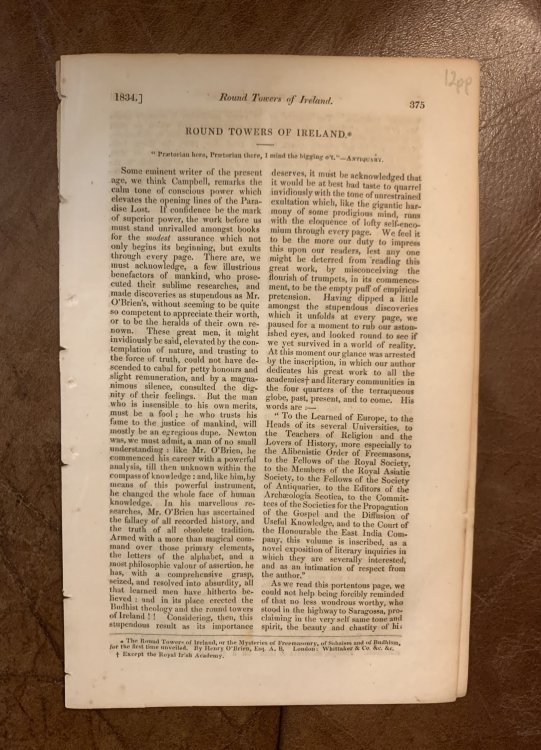 Round Towers Of Ireland Edinburgh Review April 1834 Original Tom Moore's Critical Review Of Henry O'Briens Round Towers Of Ireland Original 12 pages.