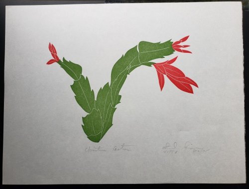 Linoleum Block Print of a Northern California Plant or Flower: Christmas Cactus. Signed and Numbered by Dr. Edmund E. Simpson.