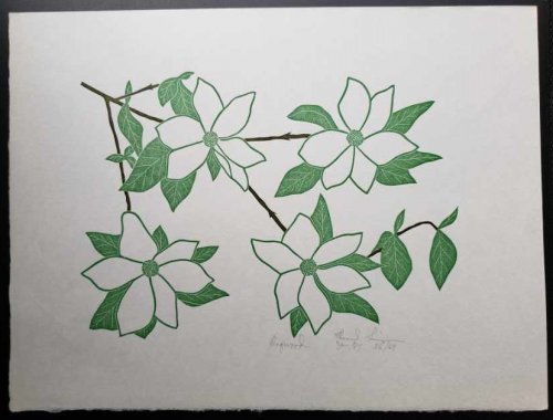 Linoleum Block Print of a Northern California Plant or Flower: Dogwood. Signed and Numbered by Dr. Edmund E. Simpson.