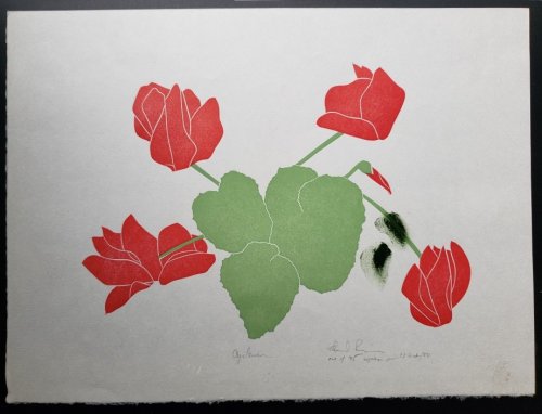 Linoleum Block Print of a Northern California Plant or Flower: Cyclamen. Signed and Numbered by Dr. Edmund E. Simpson.