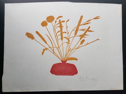 Linoleum Block Print of a Northern California Plant or Flower: Untitled. Signed and Numbered by Dr. Edmund E. Simpson.