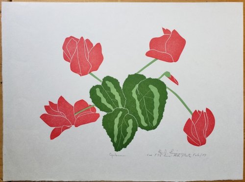 Linoleum Block Print of a Northern California Plant or Flower: Cyclamen. Signed and Numbered by Dr. Edmund E. Simpson.