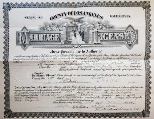 Image for Original Marriage License for the Marriage of Fielding Johnson Stilson and Viola Rosamund Winter, Los Angeles, California, June 22, 1904 Original Marriage License for the Marriage of Fielding Johnson Stilson and Viola Rosamund Winter, Los Angeles, California, June 22, 1904