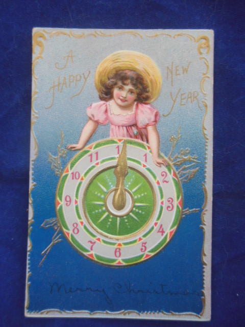 A Happy New Year Girl with Clock Postcard 1906-08 Raphael Tucks & Sons