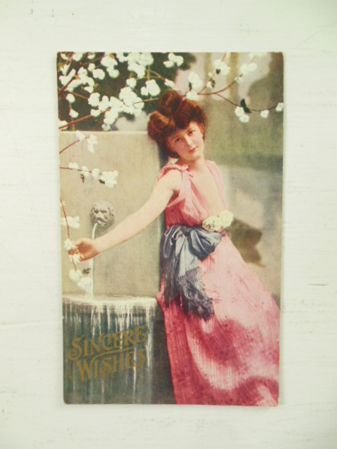 Postcard Sincere Wishes Fountain, Flowers, Pretty Girl