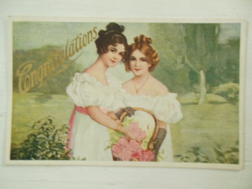 Congratulations Postcard Regency Girls with Flower Basket