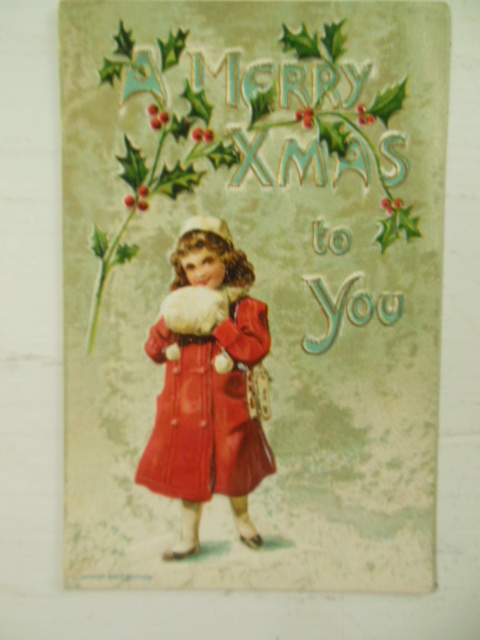 Embossed German Postcard Merry Xmas Holly Little Girl Red Coat & Muff