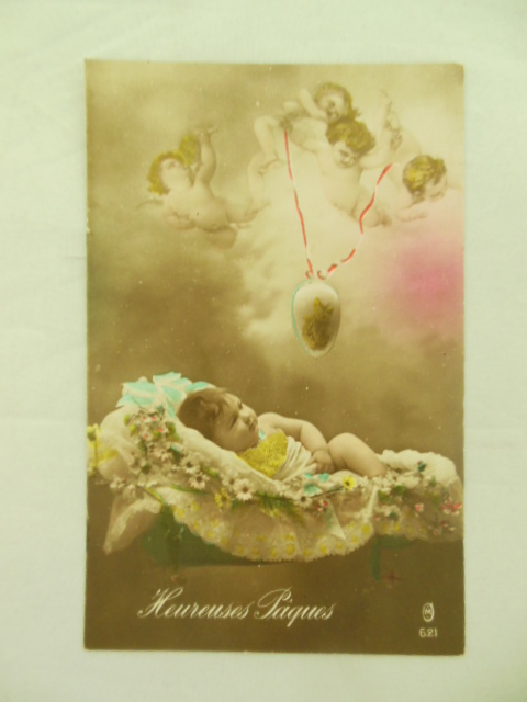 Heureuses Paques French Tinted Postcard (Happy Easter)Baby and Angels