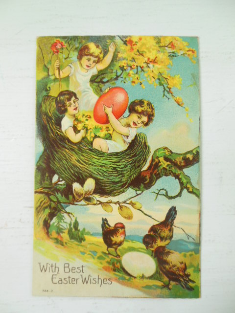 With Best Easter Wishes Little Girls in a Nest Postcard 1910