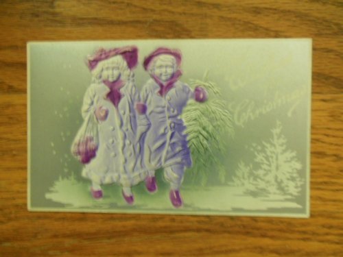 Best Wishes For Christmas Children in Snow Silver and Purple Postcard 1910