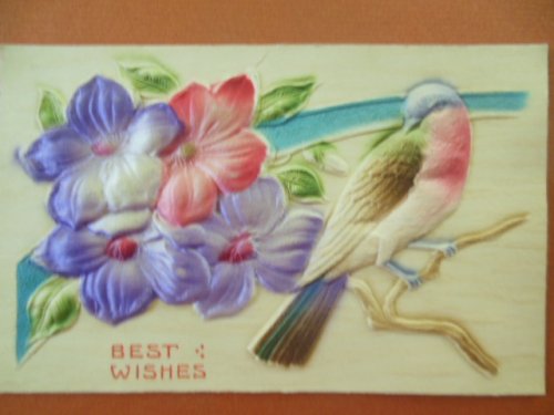German Best Wishes Postcard Bird and Flowers