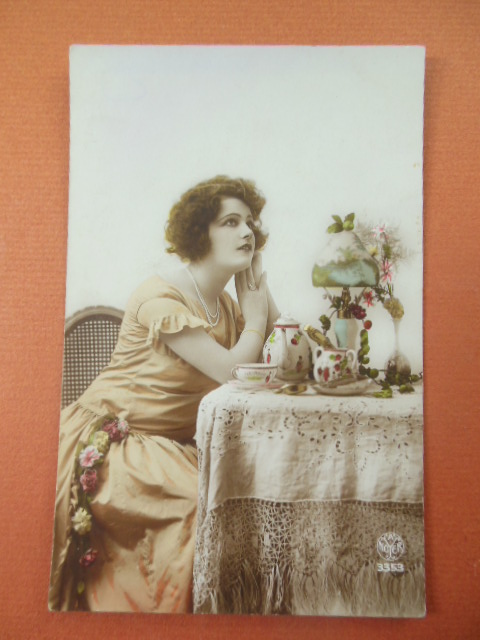 French Hand-Tinted Photo Postcard Woman at Tea Table 1922
