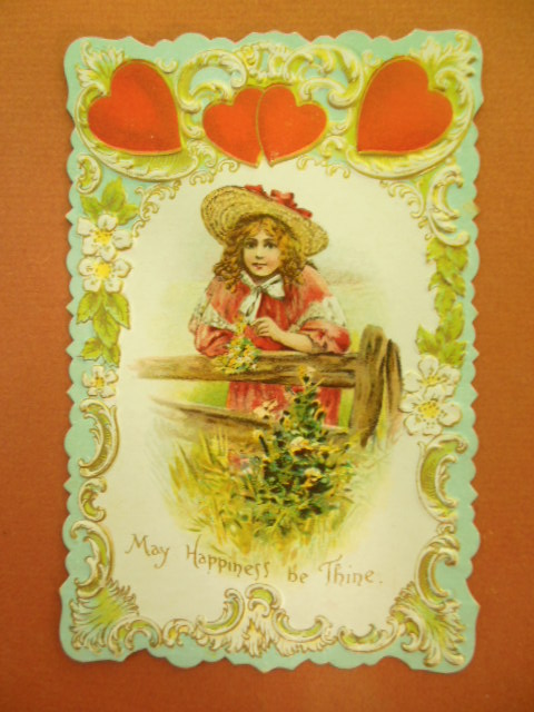 Die-cut Valentine Postcard May Happiness Be Thine Hearts Girl Fence