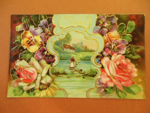 Best Wishes Postcard Floral with Water Scene