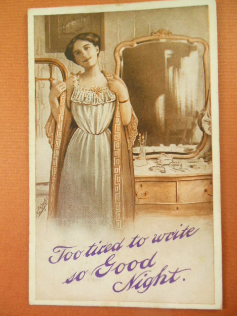 Too Tired to Write So Good Night Postcard. Woman in Nightgown Dresser with Mirror