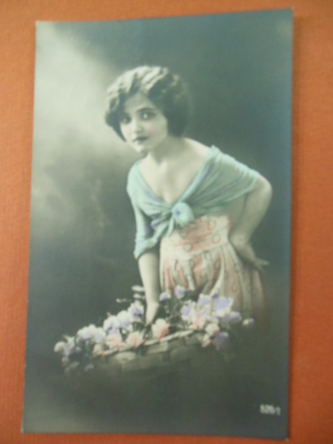 Hand-tinted Postcard Young Girl with Flower Basket Numbered 529/1