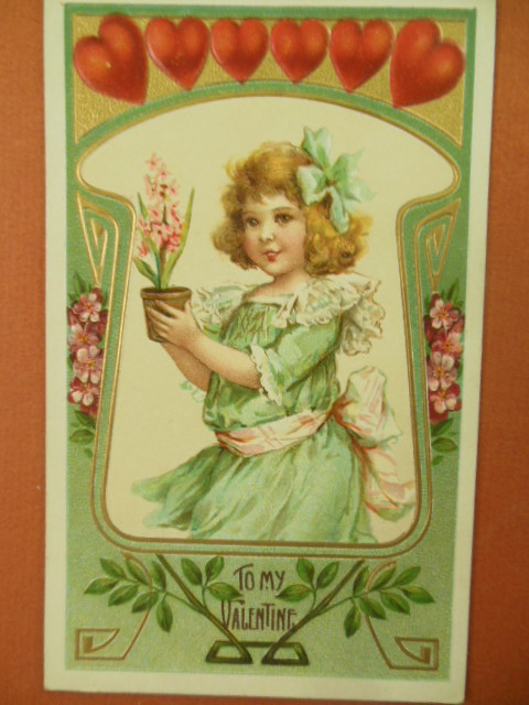 To My Valentine Postcard Row of Hearts, Girl Holding Flowerpot