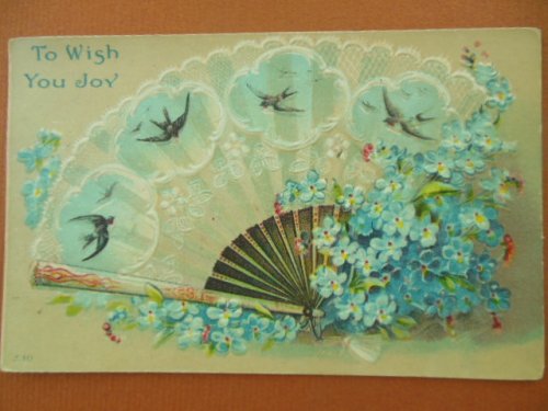 To Wish You Joy Blue Fan and Flowers Vintage Postcard 1913