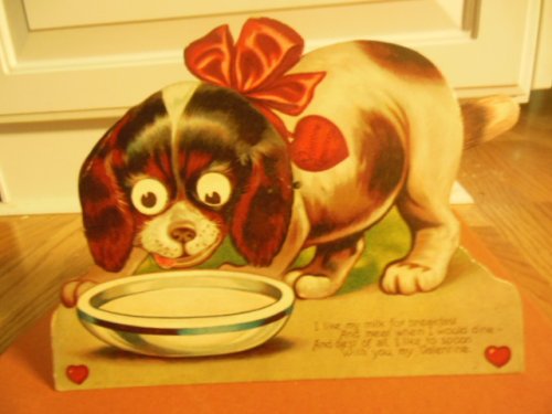Large Moveable Valentine with Stand Dog Lapping Bowl of Milk