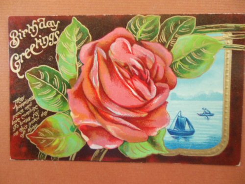 Birthday Greetings Large Rose on Brown Background. Inset Sailboat Vintage Postcard