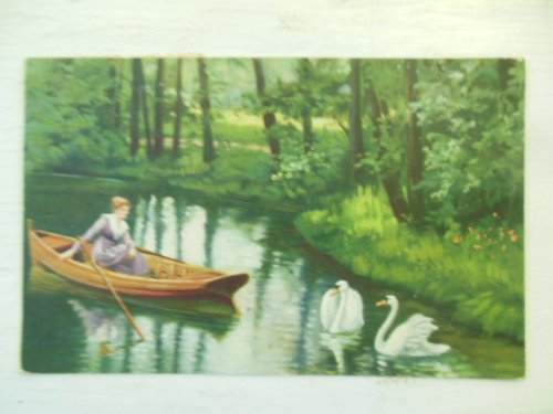 Woman in Canoe Watching Swans Vintage Postcard