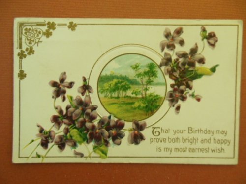 That Your Birthday Might Prove Bright and Happy Violets and Lake Vintage Postcard